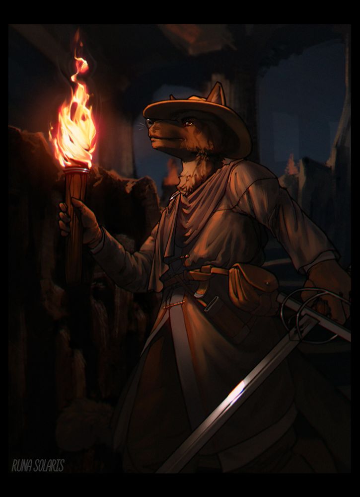 "The Wanderer" exploring a dimly lit cave or crypt, holding a lit torch in their right hand and a rapier in their left.