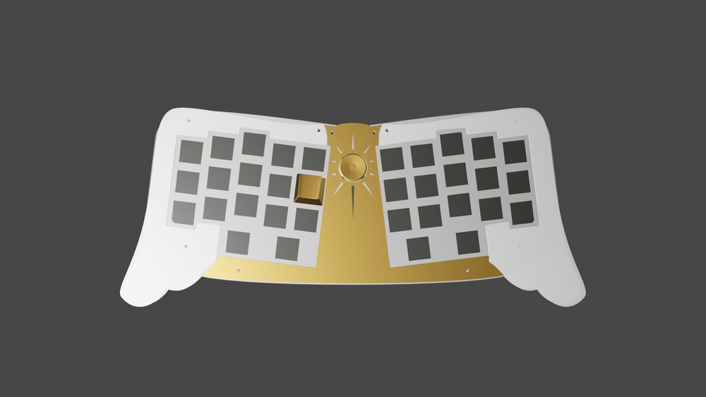 top view of render of gold and white keyboard with an angelic theme 