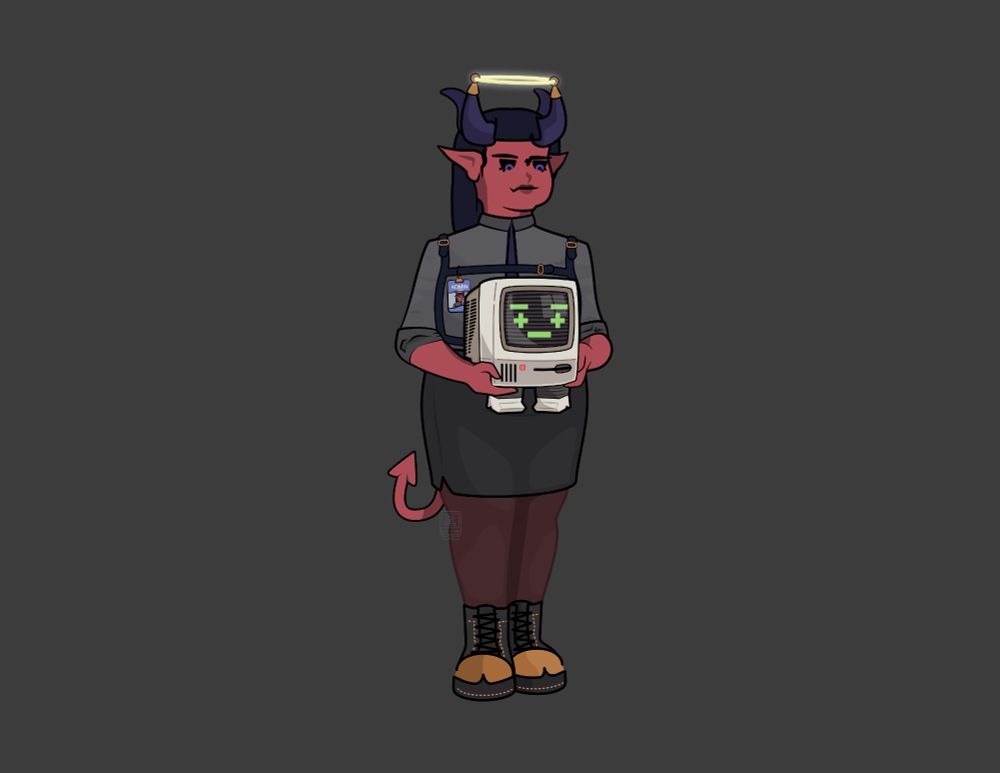 art of retro crt computer vtuber calumwri being held my a red demon in business attire of a grey shirt, tie, black skirt. they have a halo attached to their horns.