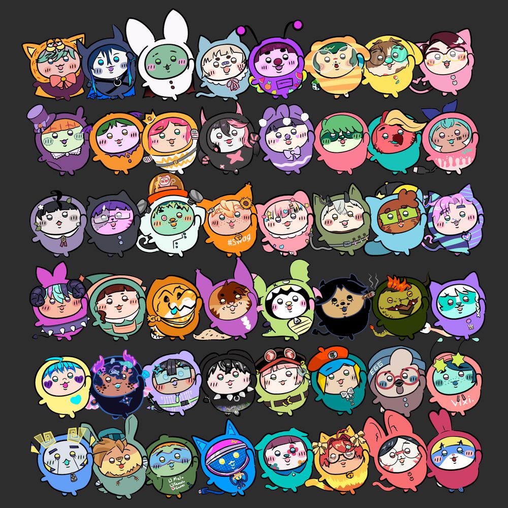 the entire RawrXD roster in the style of Pajama Party from Chiikawa 