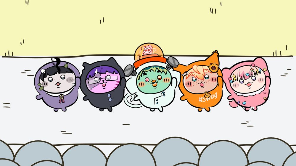 art of the tagged vtubers in the style of Pajama Party from Chiikawa 