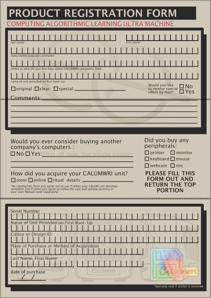 fake product registration form for retro crt computer vtuber calumwri 