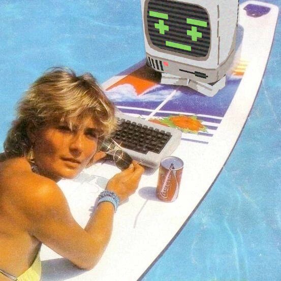 edit of old photo showing person lying on surfboard in pool with a computer and a soda. the computer has been covered up with an image of retro crt computer vtuber calumwri.