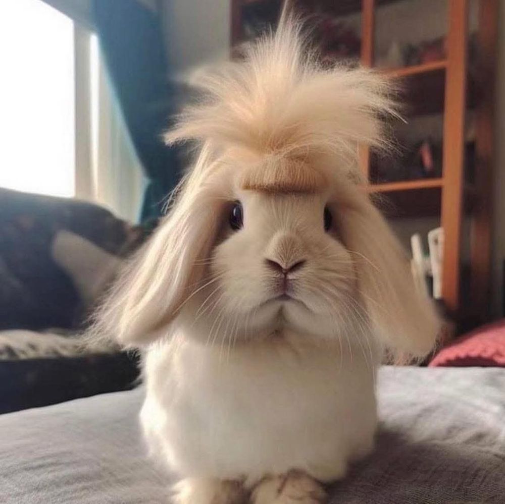 Das Bild zeigt ein kleines, weißes Kaninchen mit besonders flauschigem und auffälligem Fell, das ihm ein einzigartiges Aussehen verleiht.
Fell und Frisur: Das Kaninchen hat hellbeiges oder cremefarbenes, sehr langes Fell um den Kopf und die Ohren. Es sieht so aus, als hätte es einen Mittelscheitel und eine Art schräge Pony- oder Haarpartie, die fast wie eine menschliche Frisur wirkt. Der Scheitel lässt das Fell wie lange, weiche Strähnen nach unten fallen. Auf der Oberseite des Kopfes steht das Fell zu einem flauschigen, zotteligen Büschel auf.
Gesichtsausdruck: Es blickt direkt in die Kamera mit einem Ausdruck, der ruhig, fast ein wenig mürrisch oder ernst erscheint. Die Augen sind dunkel und kontrastieren mit dem hellen Fell.
Körperhaltung und Umgebung: Das Kaninchen sitzt auf einer weichen Oberfläche, möglicherweise einem Bett oder Sofa, die in neutralen Tönen gehalten ist. Im unscharfen Hintergrund sind verschwommen Gegenstände zu erkennen, darunter ein Regal oder Schrank.