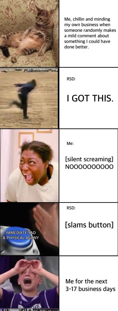 Five image meme. 

First image of cat lounging on couch. Caption:  Me, chillin and minding my own business when someone randomly makes a mild comment about something I could have done better.

Second image of dark figure “Naruto running” across a field. Caption: RSD: (all caps) I got this. 

Third image of woman silent screaming from viral video. Caption: Me [silent screaming] (all caps) nooooooo

Fourth image of hand slamming blue button that is captioned: “immediate sad and physical agony.” Caption: RSD: [slams button]

Fifth image of kid in purple jersey crying at a game and holding his hands against his forehead. Caption: Me for the next 3-17 business days. 