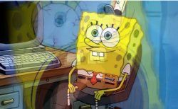 Meme image of SpongeBob sitting wide eyed in a chair in front of a computer desk with a transparent overlay of an image of SpongeBob panicking 