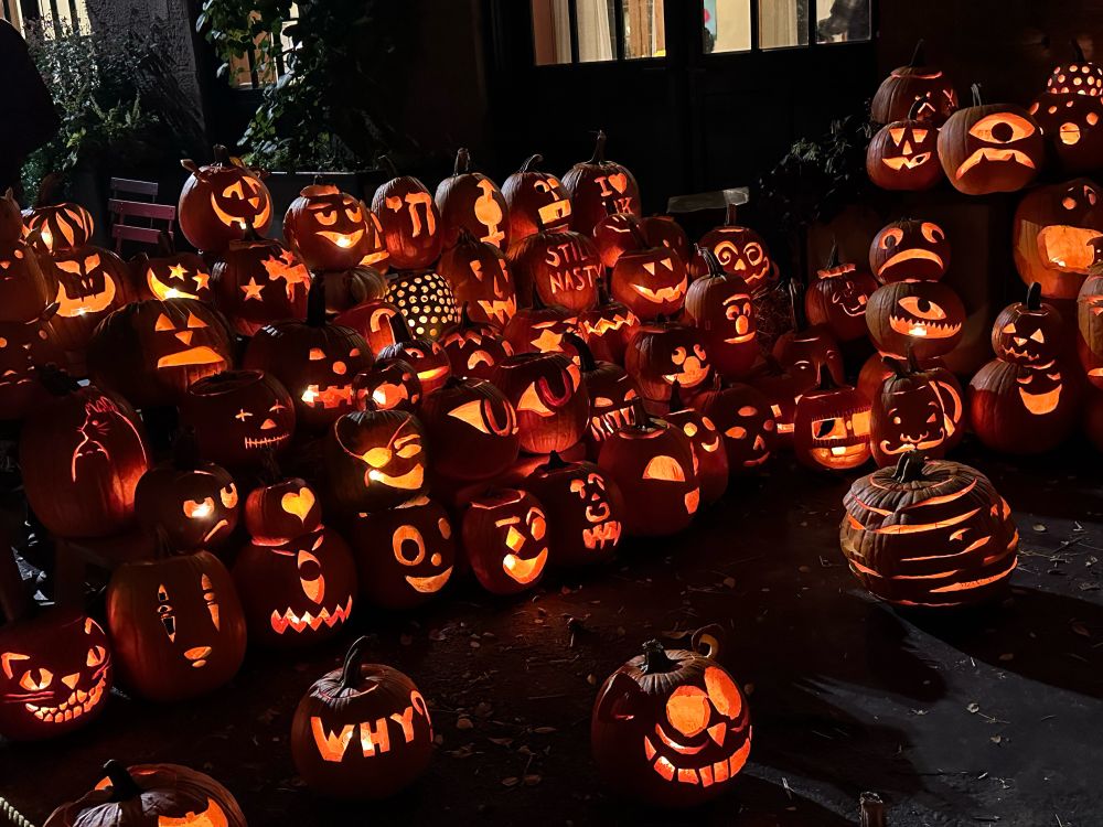 lots of jack-o-lanterns on a street in brooklyn