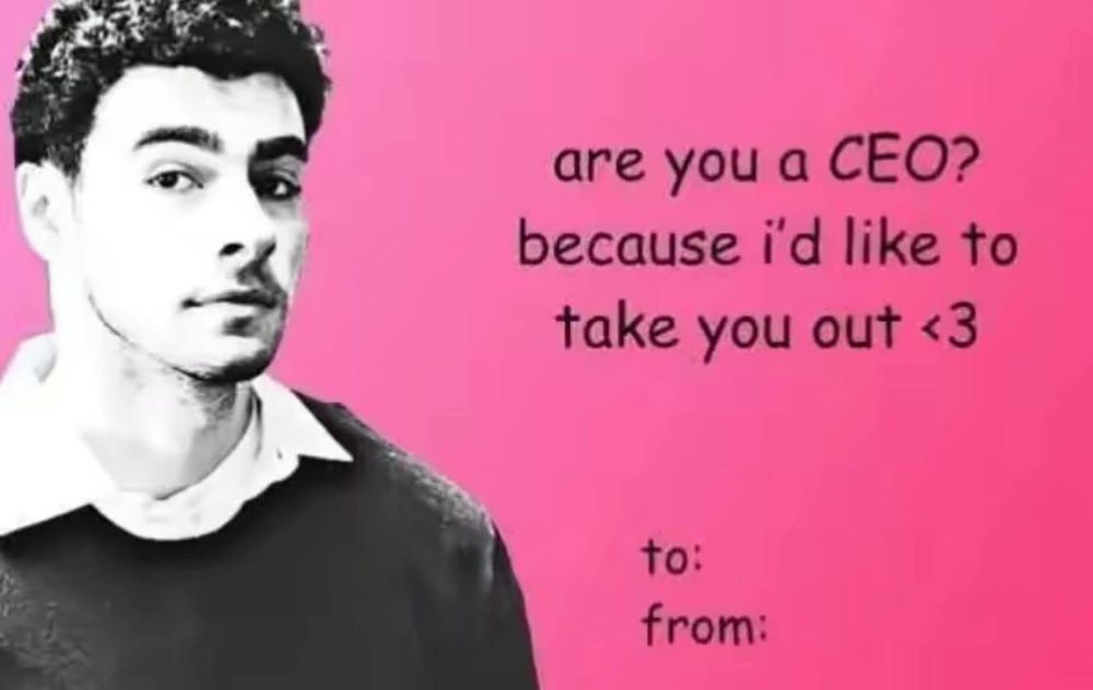 Picture of Luigi Mangione on a Valentines day card.  The text reads "Are you a CEO?  Because I'd like to take you out!"