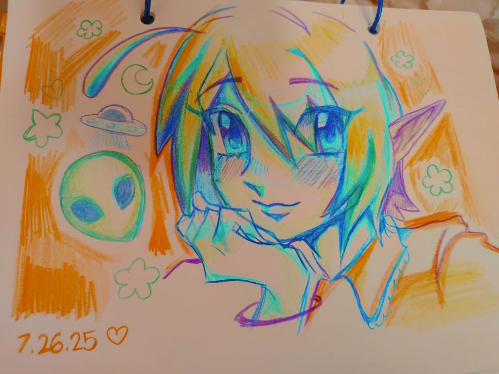 Colored pencil illustration of an alien girl