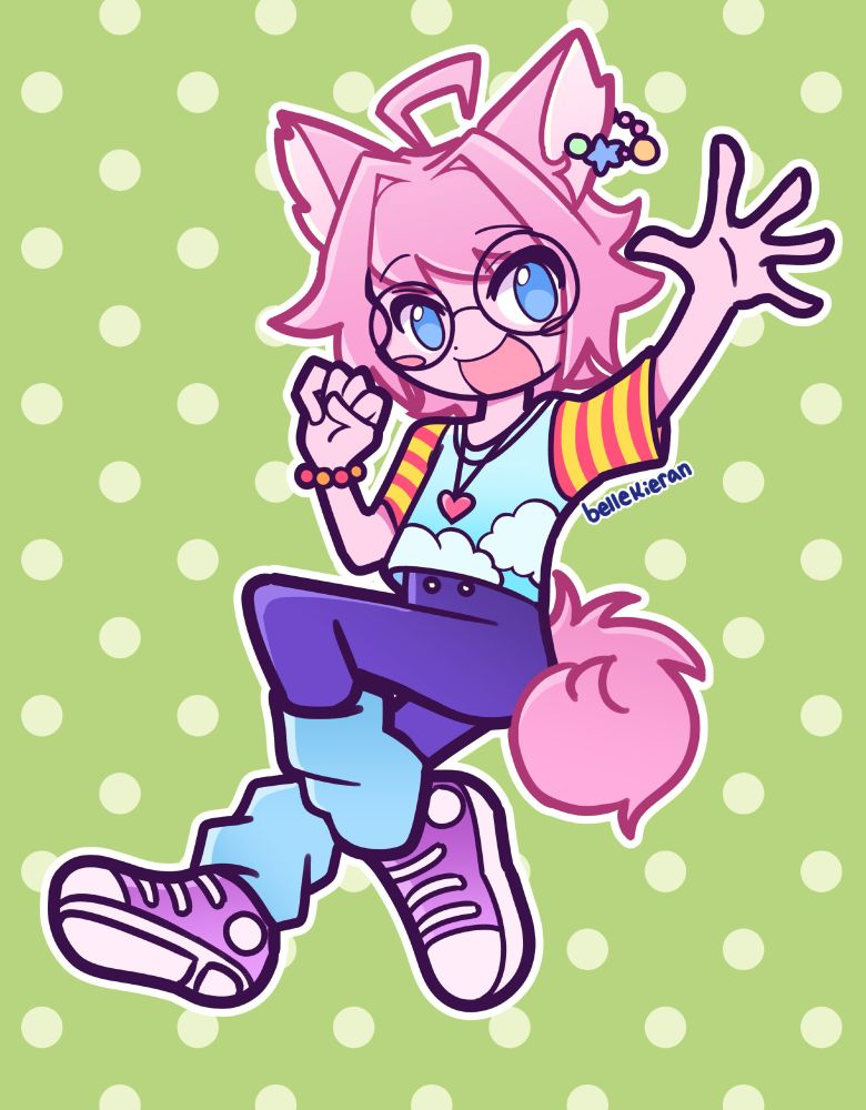 An illustration of neogeopet's OC Spark. He's a pink cat-like humanoid with pink hair, pink ears and a fluffy pink tail. He wears circular glasses, and has a blue shirt with red/yellow striped sleeves. His pants are tight purple pants, and he's wearing blue legwarmers with purple sneakers. He's striking a pose where he's waving with his right arm, and making a fist with his left arm. His expression is happy, with some blush.