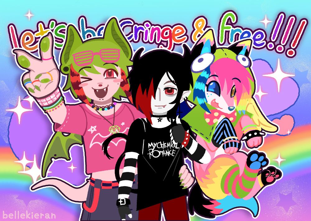 Three of my original characters posed together. From left to right, Amp, a scene bat boy, Alex, an emo demon, and Dancefloor, a rave sparkledog. The text "let's be cringe & free!!!" can be read behind the characters.