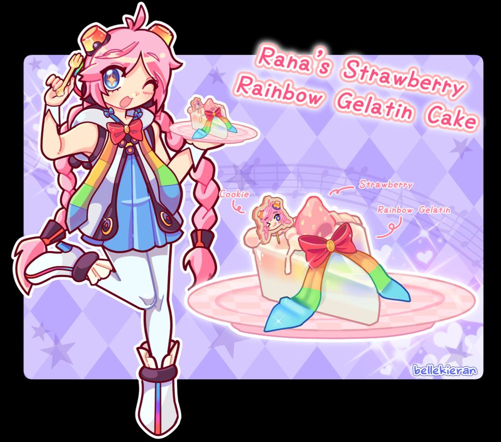 Artwork of RANA from VOCALOID 4 holding a rainbow gelatin cake based on her design, with a solo picture of it on the side.