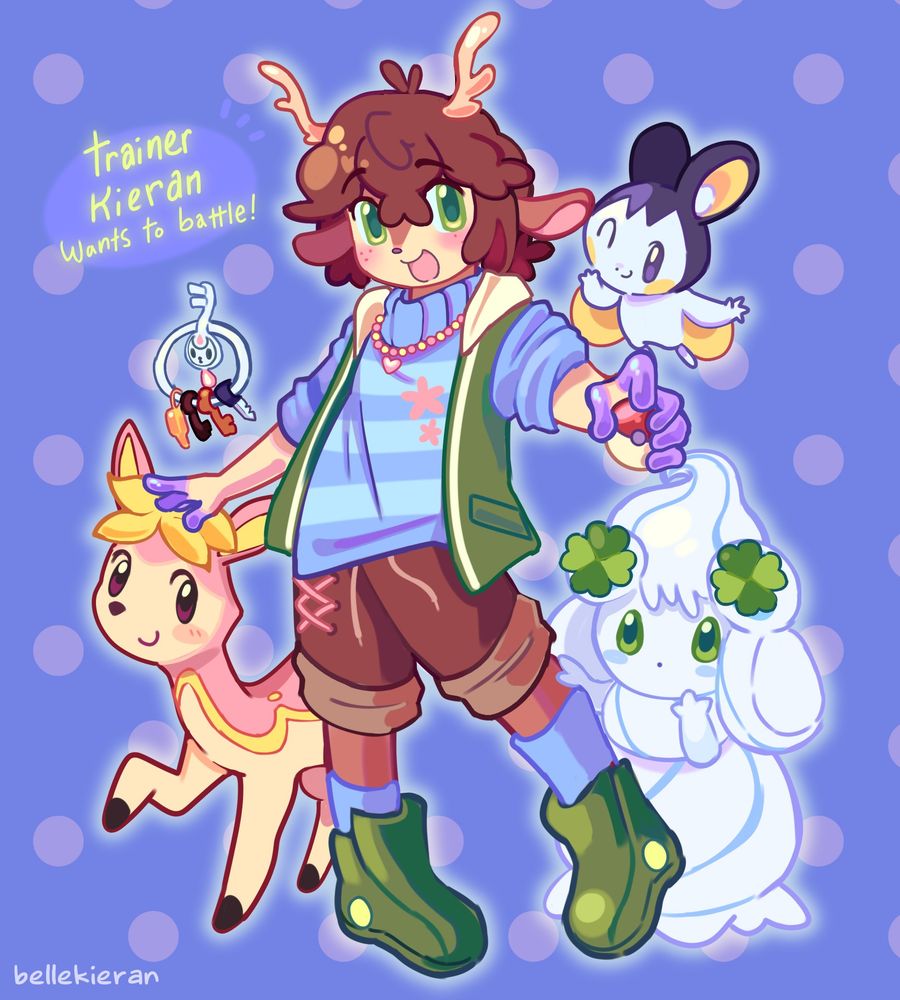 Illustration of my fursona Kieran, whom is a deer with brown hair, with his pokemon team. He's holding a pokeball in his right hand, and striking a cute pose. His team consists of Deerling (spring), Klefki, Emolga, and Alcremie.
