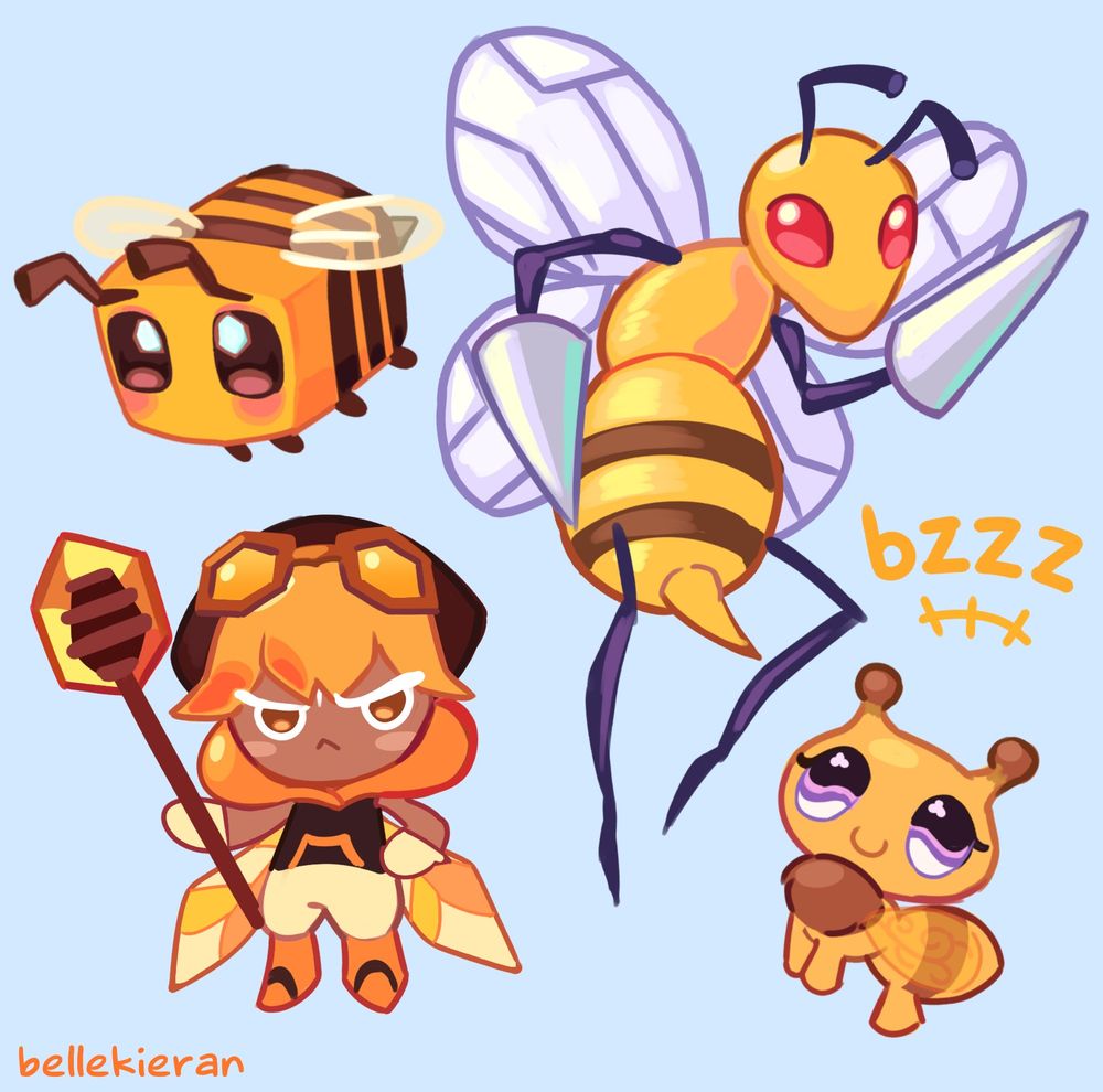 Fanart of several fictional bee characters. From left to right; Bee (Minecraft), Amber Sugar Cookie (Cookie Run), Beedrill (Pokemon), Littlest Pet Shop / LPS Bee #656. The text "bzzz" is floating above the LPS bee.