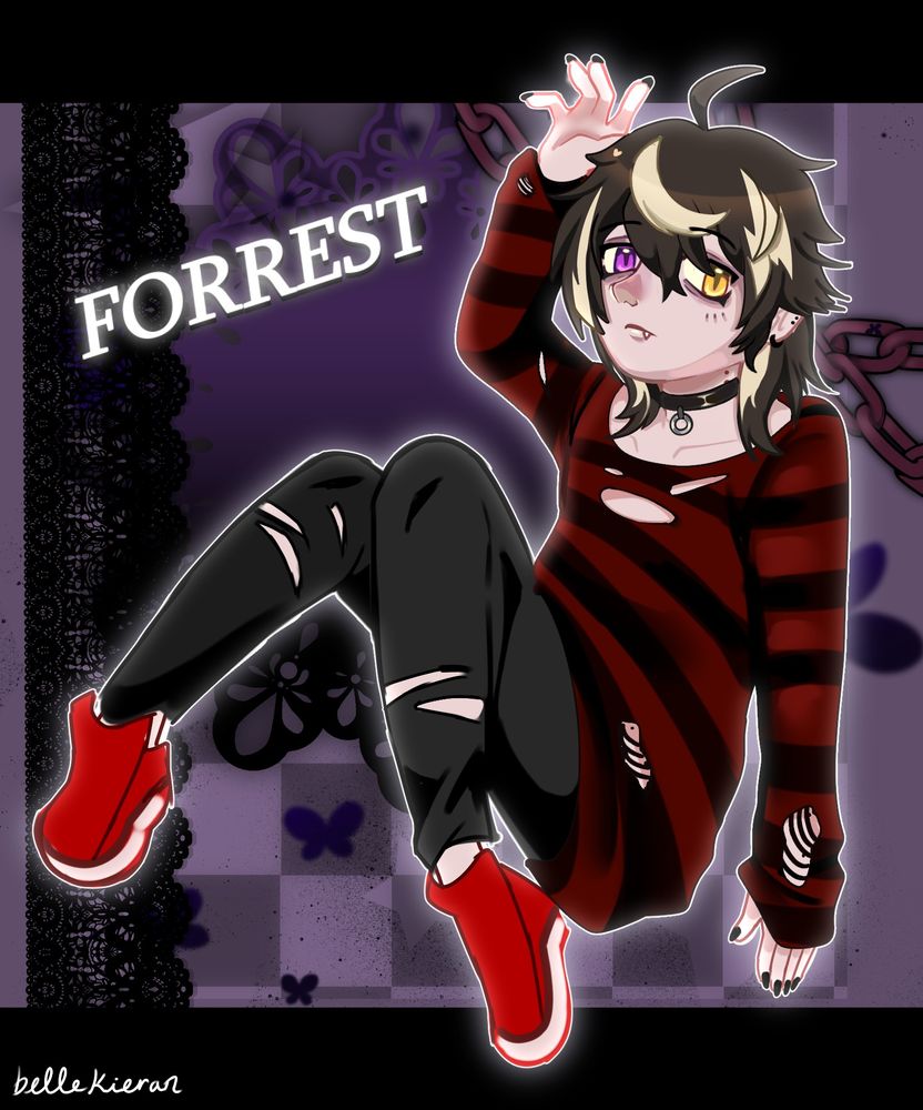 An illustration of Obsi's original character Forrest. Hes a vampire guy wearing a ripped striped red shirt, ripped black pants, and red shoes. He has brown hair with yellow highlights.