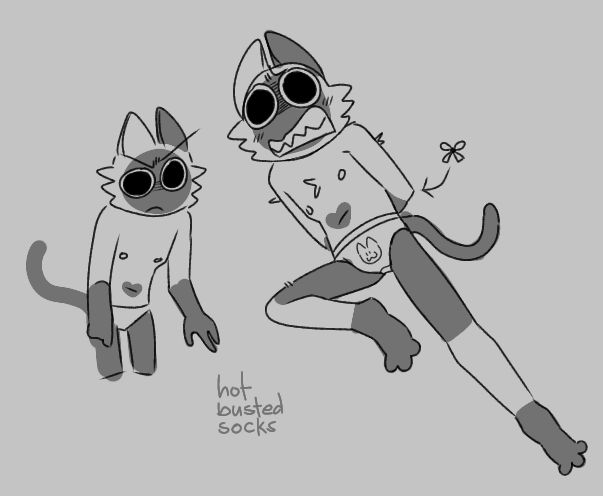 Tobias's arms are tied behind his back while he's in just his briefs (of which has a little cat print in the front). He's struggling and incredibly flustered. On the left is a small doodle of him in just his briefs again.