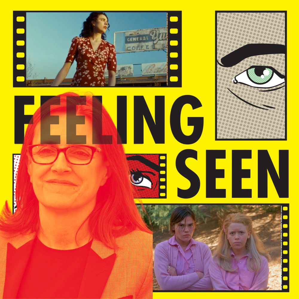 The yellow logo for the FEELING SEEN podcast features film strips with cartoon eyes. A red photo of Tricia Cooke is superimposed below the words "Feeling Seen." Tricia is framed by stills from HONEY DON'T and BUT I'M A CHEERLEADER. In the HONEY DON'T image, Margaret Qualley wears a red dress and looks into the distance in a barren landscape. In the BUT I'M A CHEERLEADER still, Clea Duvall and Natasha Lyonne are both dressed in pink and staring toward the camera, arms crossed in frustration.