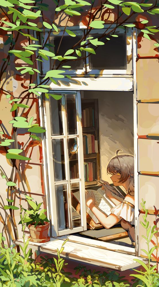 Illustration by @Blaise_rmd on Twitter showing Faeble sitting inside a house  writing in a book through an open window. Outside are various vines and greenery growing, framing the window. A glowing blue butterfly flutters toward Faeble, drawing her gaze.