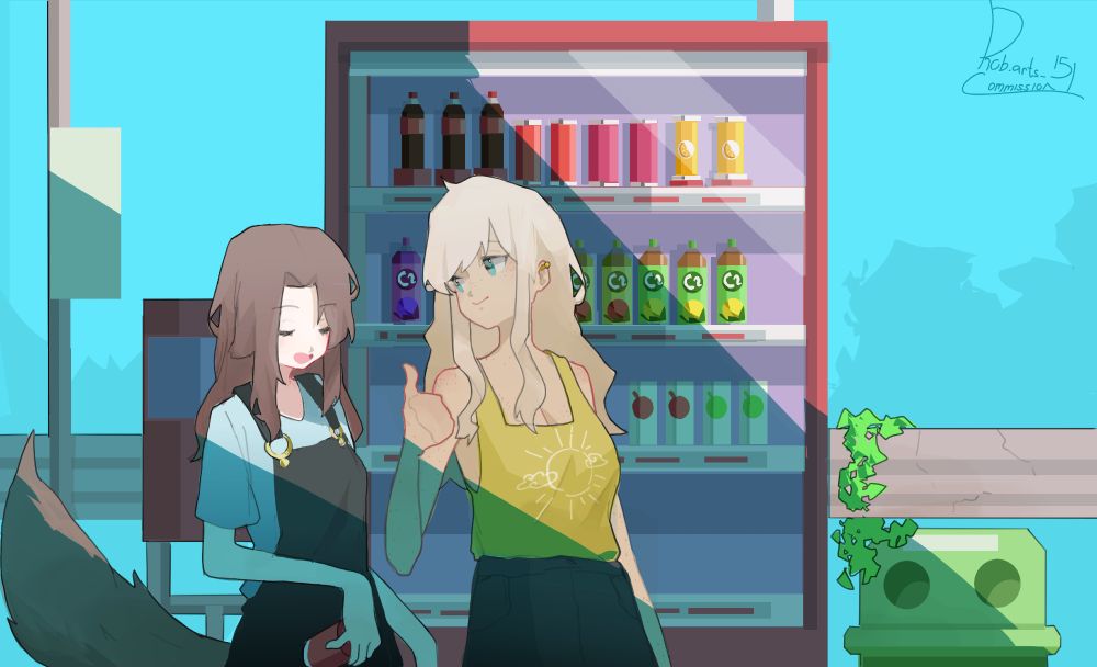 Lemon and Nel grabbing something from a vending machine and chatting.  The sky is clear and there are harsh shadows being cast on the scene from out of view.  The background has a somewhat geometric style and the girls are drawn in a colored sketch style.