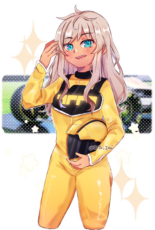 Drawing of a cute girl named Lemon in a racing suit from the game Trackmania. She has sandy blonde hair and ocean blue eyes. The background is abstract with a stylized photo of a formula car, from the game.