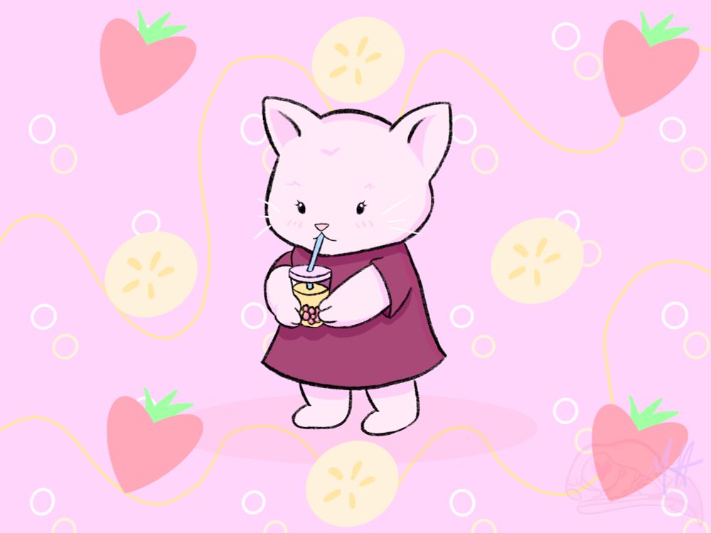 A small, white anthropomorphic cat sipping on strawberry banana boba