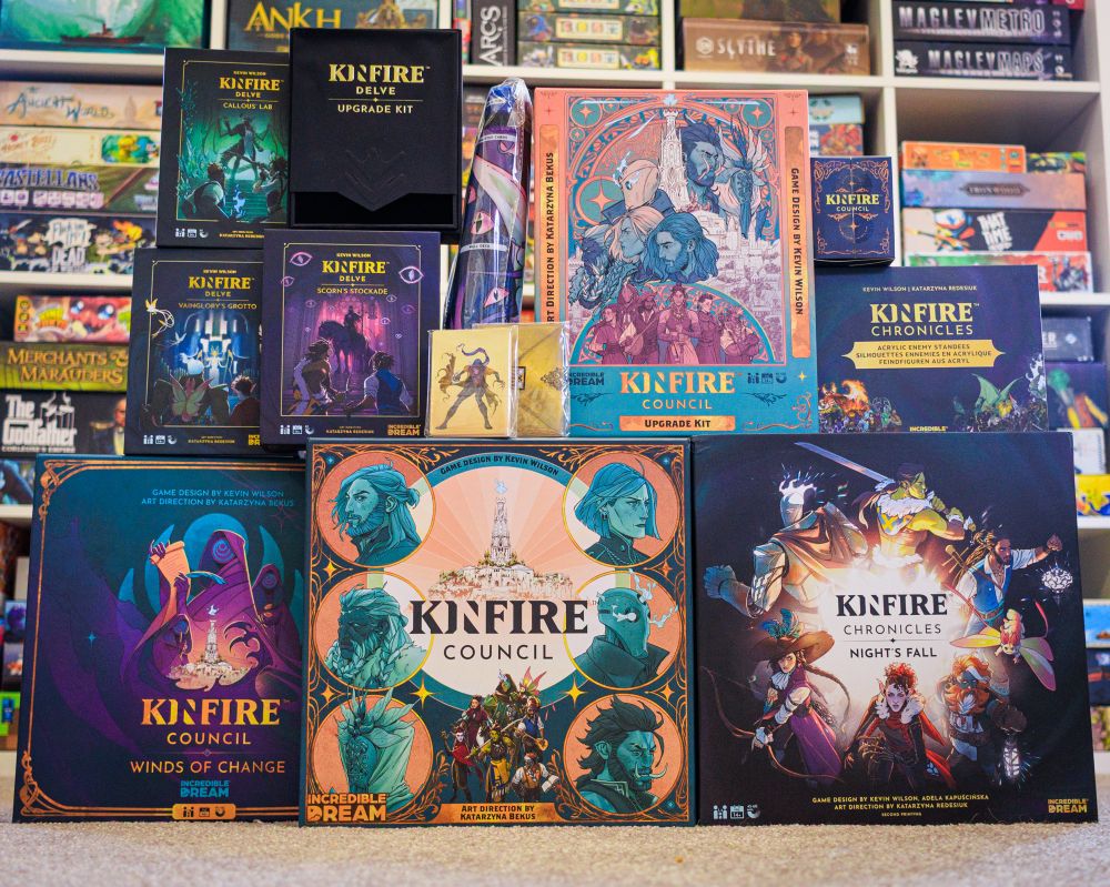Kinfire Council, chronicles, delve and all the expansions stacked on the floor