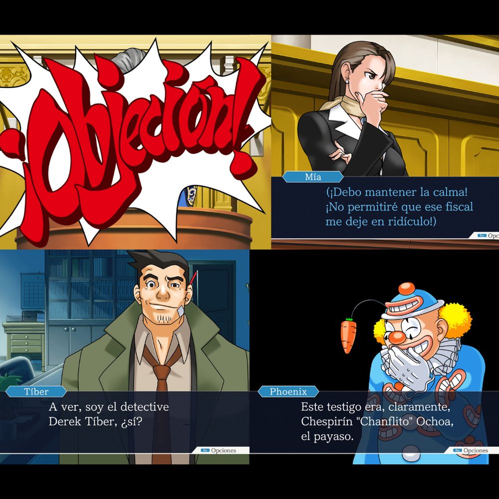 Screenshots from the game with the Latin American Spanish translation, including the classic, ¡Objeción!