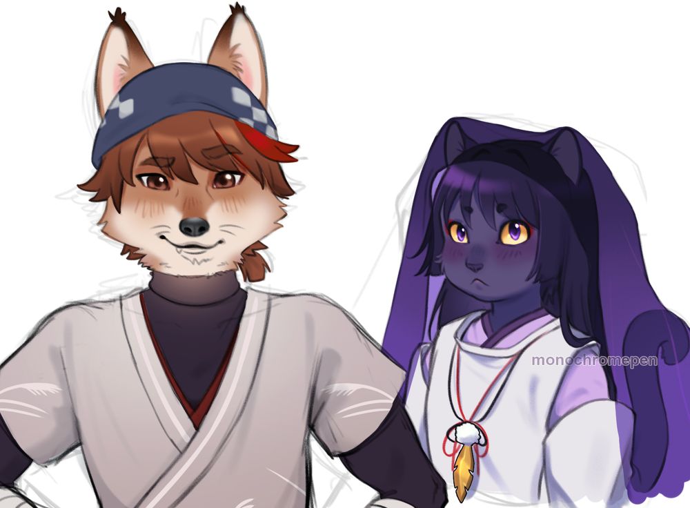 Niwa and Kabukimono (with long hair) as an anthro fox and cat respectively