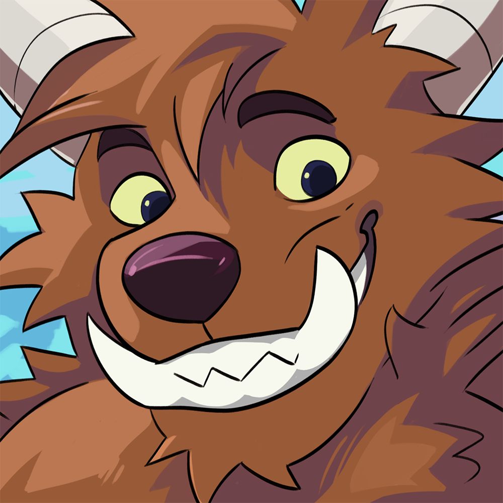 Art of a big fluffy monster grinning down at the viewer