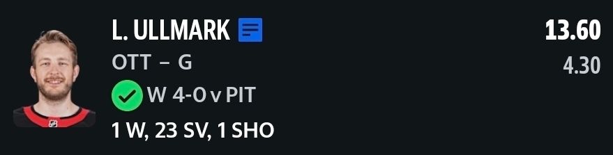 A fantasy hockey point total of Linus Ullmark from December 18th, 2025. 13.60 points, 1 win, 23 saves and a shutout.