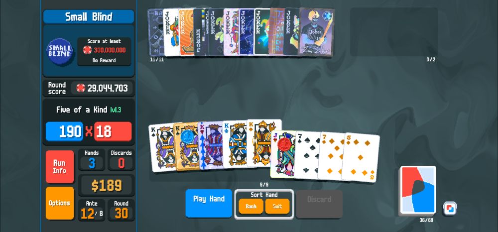 the balatro game i'm playing right now. it's ante 12, there are 11 jokers, and i'm about to play five kings for this hand, but i doubt anything i do will be enough to beat the target of 300,000,000 points. i'm glad this is not a gacha game