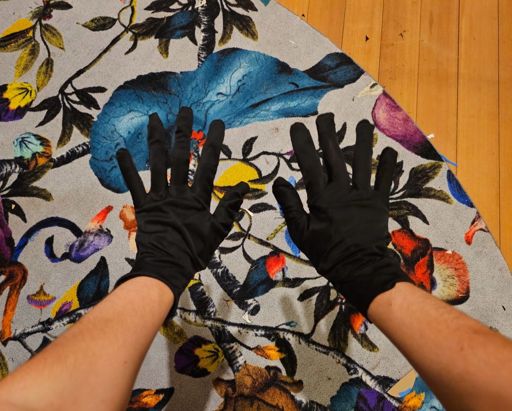 i took a POV pic of both my hands. they are wearing gloves. my prized rug is the backdrop, it's lousy with fabric cuttings etc