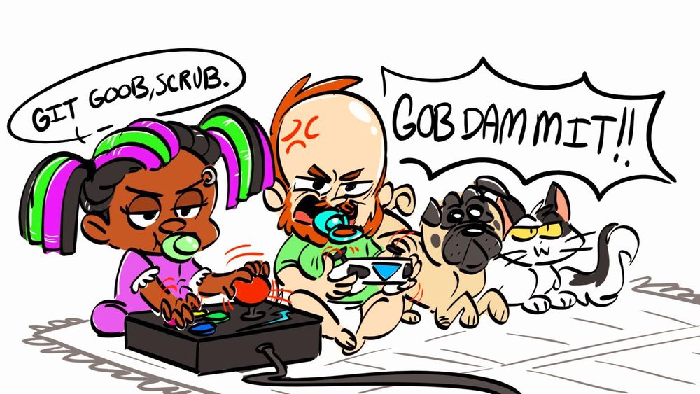 Woolie's kid and Pat's kid playing fightgames together