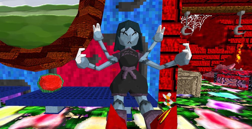 screenshot from crypt underworld showing mall ghoul, a four-armed figure with a shirt reading "no escape"