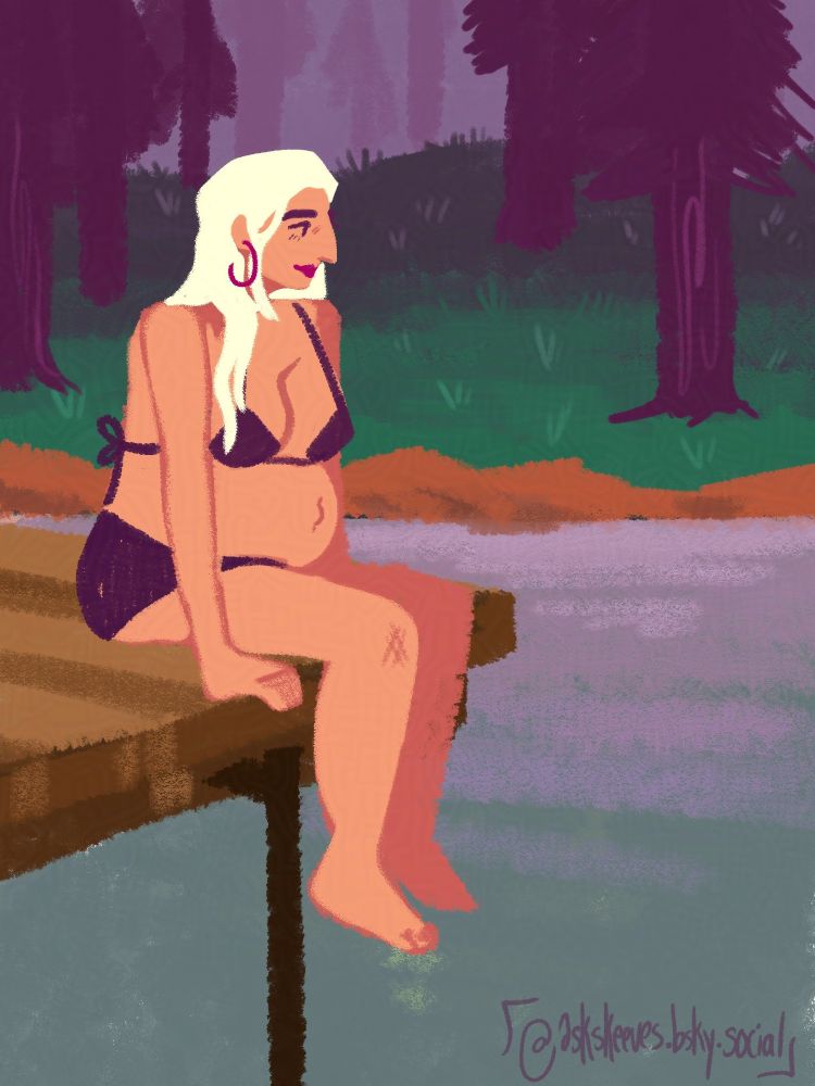 A digital lineless drawing of a woman sitting on a dock overhanging a lake. She has light blonde hair, pink hoop earrings, and a tight bikini top that doesn't cover much. She's pregnant, maybe looking full term, feet hanging over the dock. You can see woods on the lakes shore in the background.