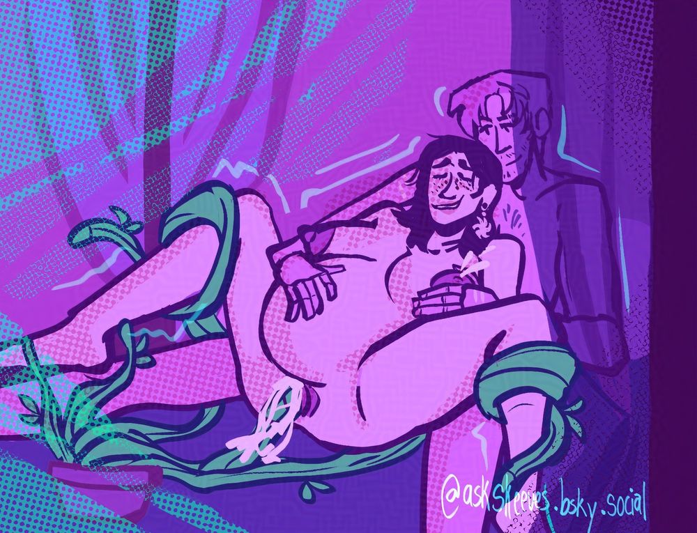 digital NSFW illustration in primarily purple, with accents of blue. A potted tentacle plant is wrapping around a woman's spread legs and pushed inside her, filling her with so much cum she looks heavily pregnant. A man sits behind her holding her, his left hand squeezing her breast of milk and his right hand resting on her large belly.