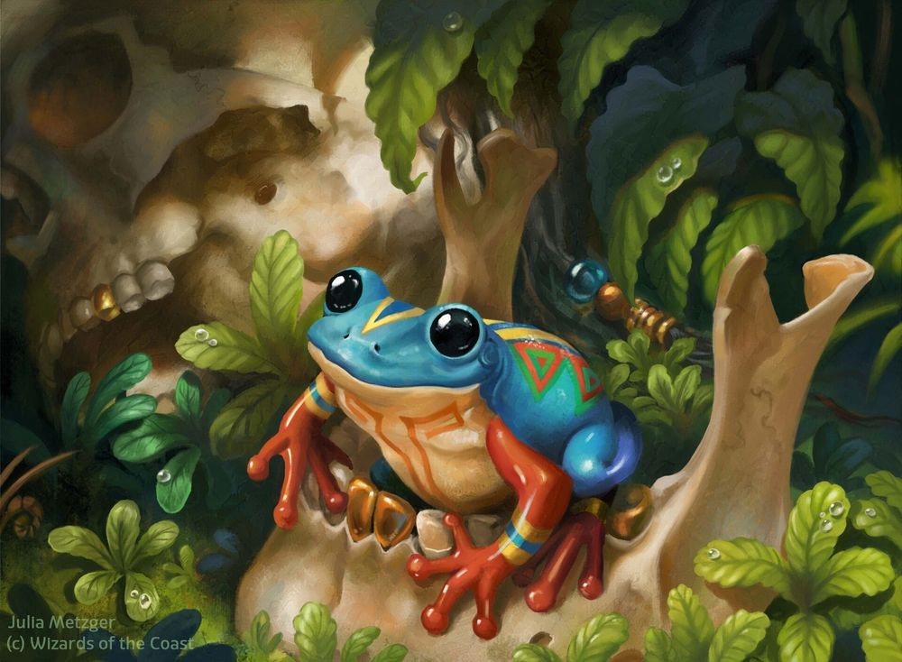 a nice lil frog guy from magic the gathering. It's a lil blue and yellow and red and orange guy sat in a jawbone with a skull in the background and it looks really just like the most chill dude ever I like this art a lot 