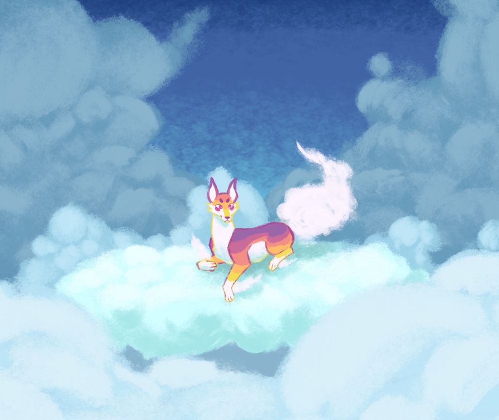 a white and sunset colored canine or feline like animal with clouds for a tail and fluff on their legs rests on a seafoam green cloud surrounded by more clouds