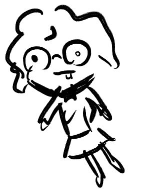 a messy scribble of a humanoid with round glasses, messy hair and a flat mouth with a single tooth sticking out of it. The scribble is wearing a skirt and a top.