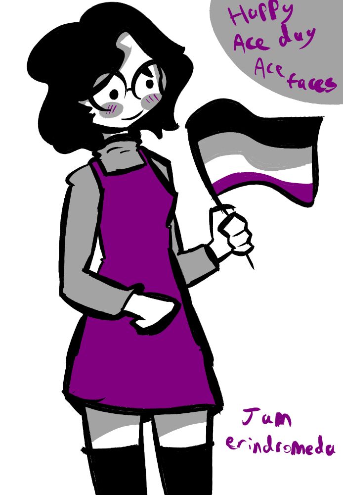 A picture of a girl holding an asexual pride flag - the image is exclusively in the colours of the flag, with a grey turtleneck, white skin, purple dress and black hair + shoes. The text at the top says "Happy Ace Day, Ace Faces"