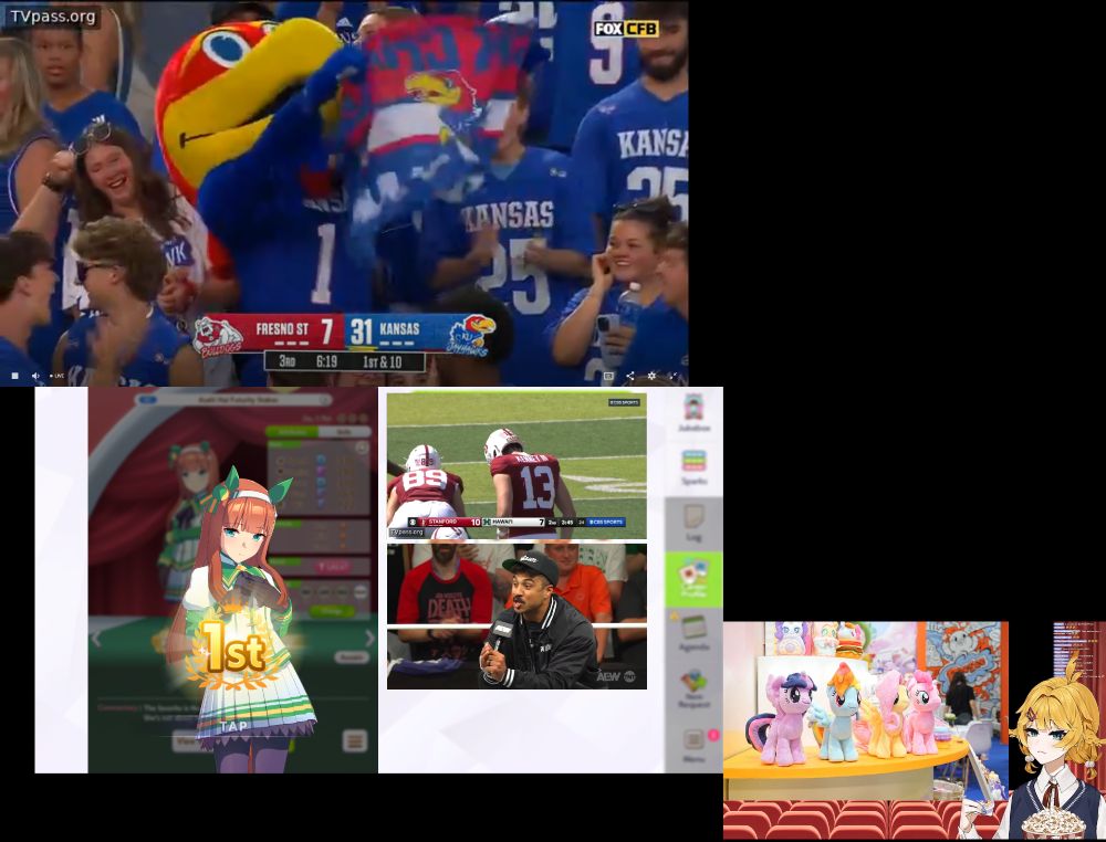 a screenshot of my deranged 3 monitor set up with umamusume (with a football game and aew overlayed on it), a dokibird stream, and another college football game at the top