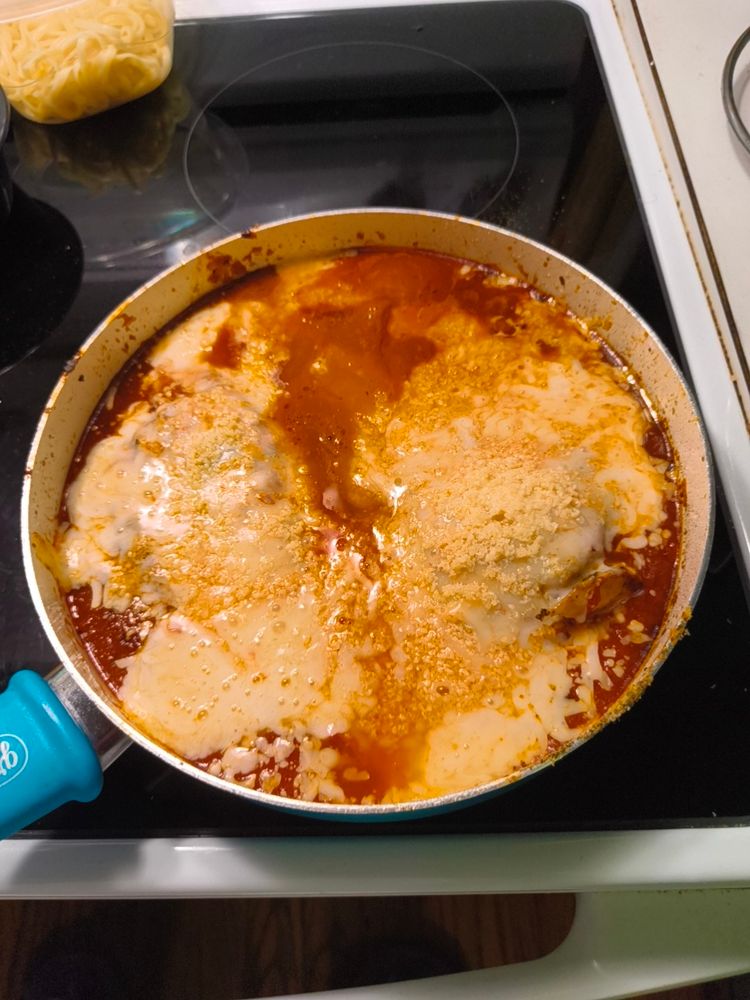 the previously mentioned chicken parm in previously mentioned pan; recipe from previously re-skeeted chicken parm recipe