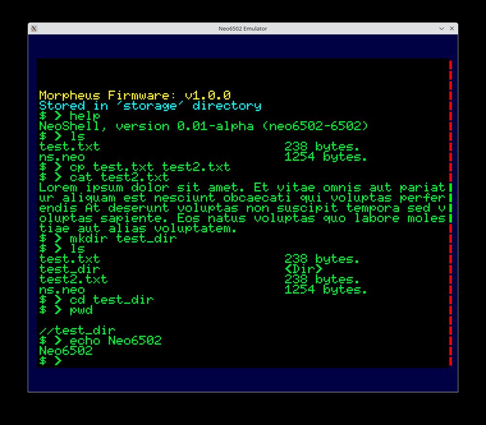 A screenshot of the Neo6502 emulator running the Morpheus Firmware version 1.0.0. A Bash-like shell is running with green terminal text and a black background, the commands help, ls, cp, cat, mkdir, cd, pwd and echo have been run successfully.