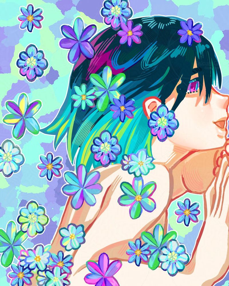 Sua leaning against right edge of the drawing, covered in vibrant colorful flowers. The colors are bright and saturated.
