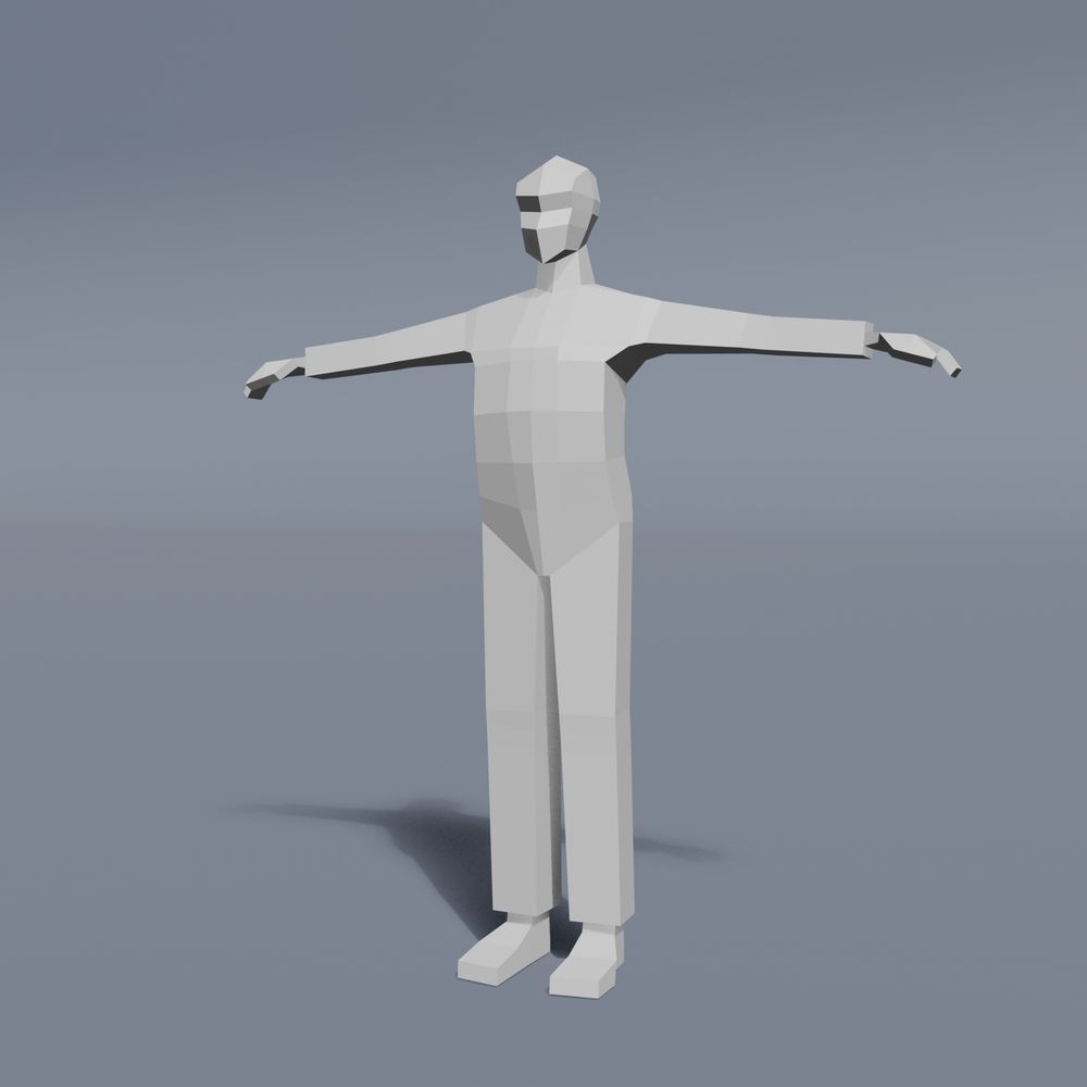 A low poly male character in a T-pose modelled out of a single cube. 