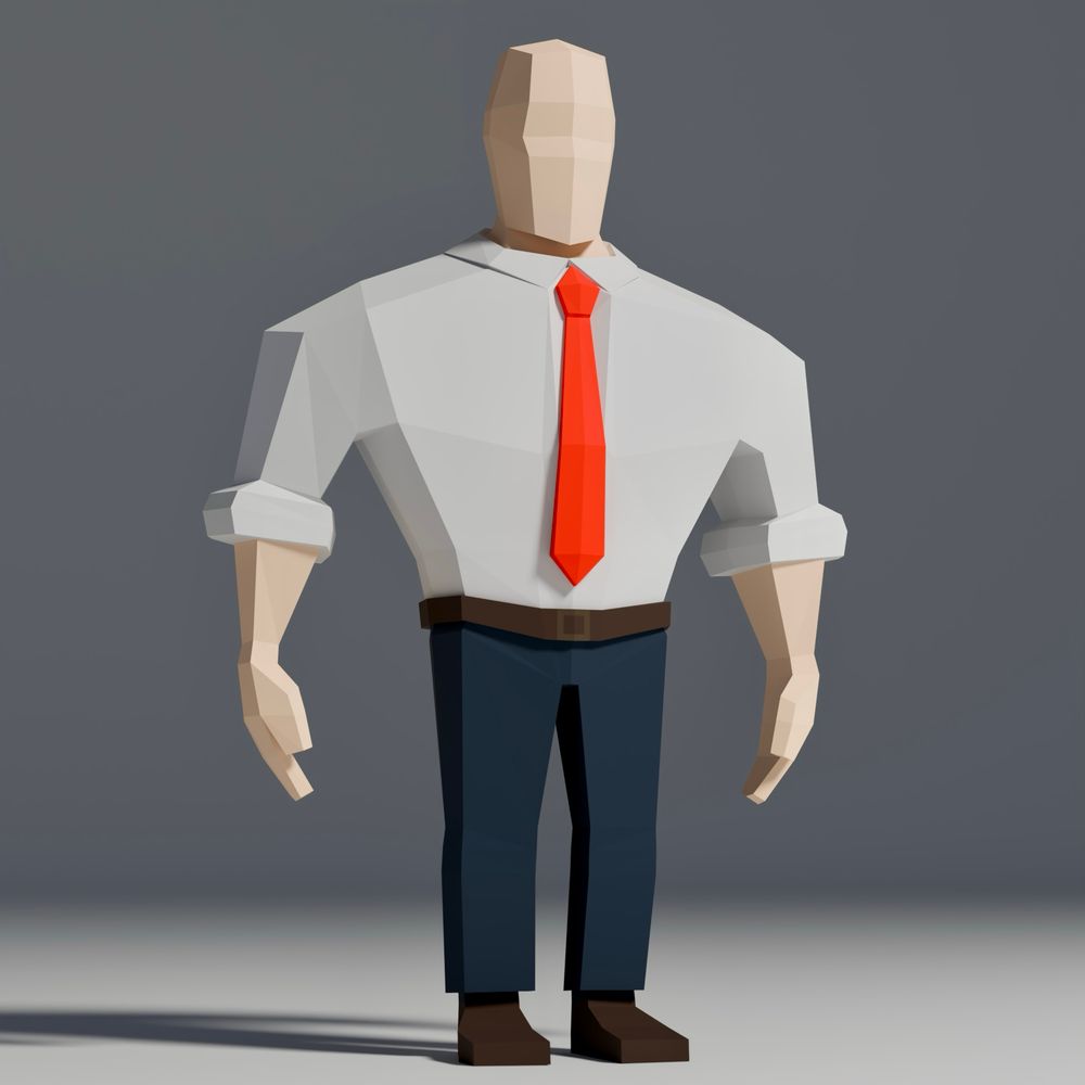 A low poly model of a big strong guy wearing a white shirt with sleeves rolled up, a red tie and navy slacks. 