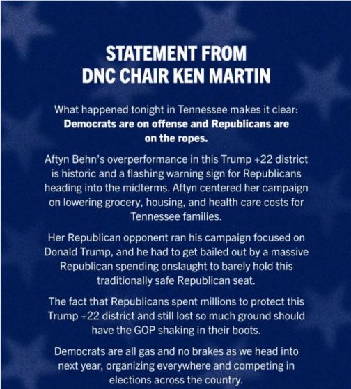 Statement from Ken Martin, Democratic Chair on the D& Election yesterday.