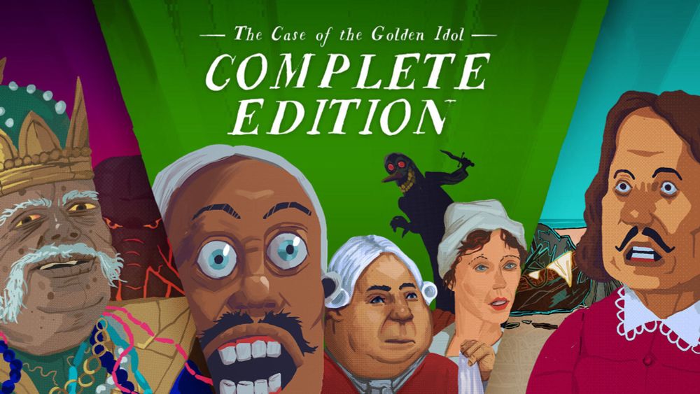 The promo art for the case of the golden idol. Whole bunch of upsettingly drawn people. One dude’s teeth just look like mini marshmallows. 