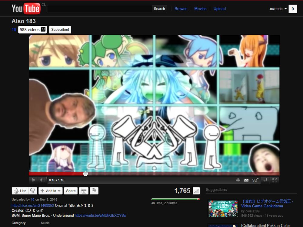 screenshot of "Also 183" (https://www.youtube.com/watch?v=lUK2lVNahvA), using V3/VORAPIS with a custom theme designed to look like early 2011s YouTube with some modern features