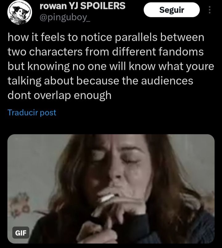 twitter post from user "pinguboy_" that says "how it feels to notice parallels between two characters from different fandoms but knowing no one will know what youre talking about because the audiences dont overlap enough"